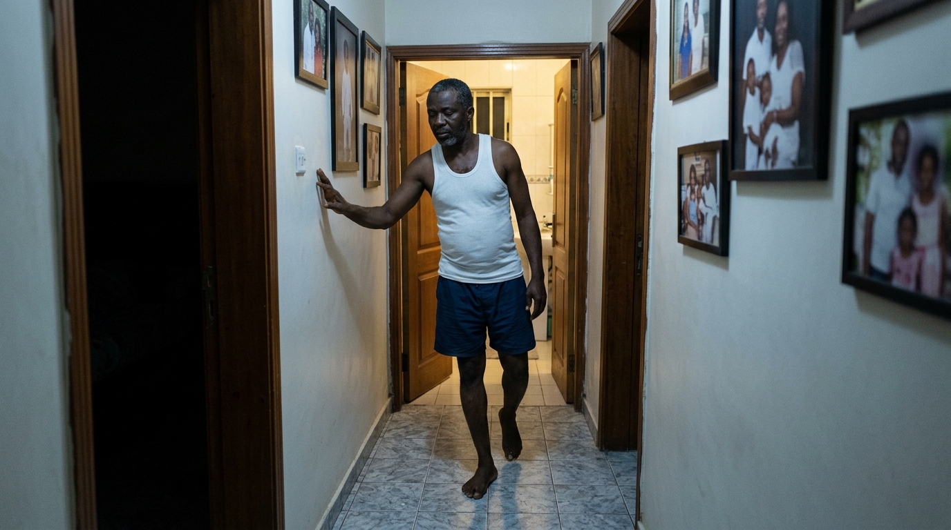 Nigerian man walking to bathroom at 2am in dimly lit hallway